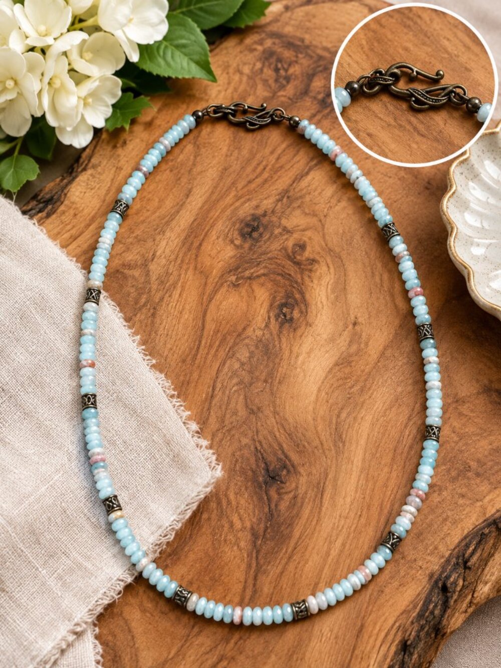 Handmade Shushan Stone Abacus Bead Necklace Natural Stone Aqua Blue 18.5"